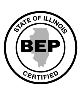 A black and white picture of the state of illinois certified logo.