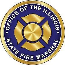 A blue and gold seal with the words office of the illinois state fire marshal.