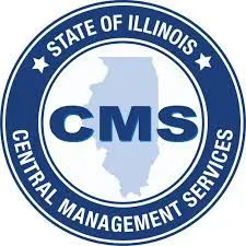 A blue and white logo for the state of illinois central management services.