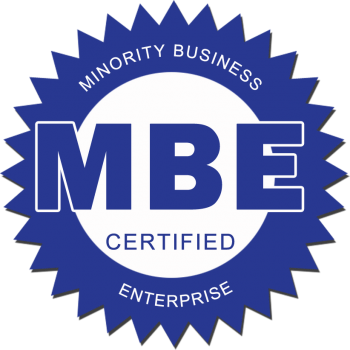 A blue and white badge with the word mbe certified.