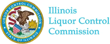 A blue and yellow logo for illinois liquor commission.